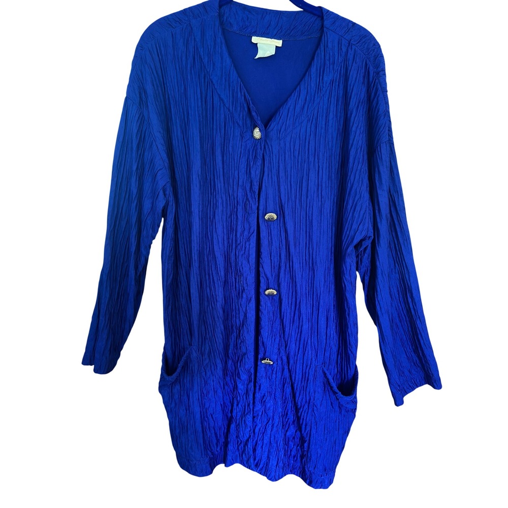 Elizabeth Stewart Tunic Top Royal Blue‎ Crinkle Sun Buttons Vintage Medium